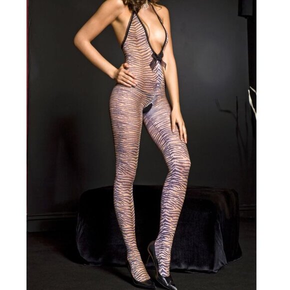Tiger Print Lace Trim Deep-V Crotchless Bodystocking - Picture 1 of 5